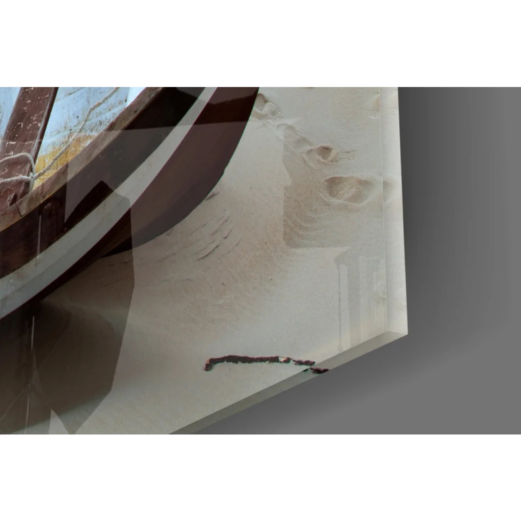 Translucent white marble glass wall art canvas print of sunset rowboat beach scene