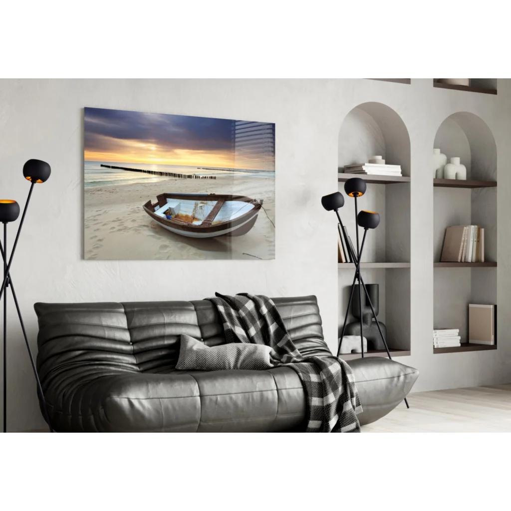 Sunset rowboat on beach glass wall art canvas print