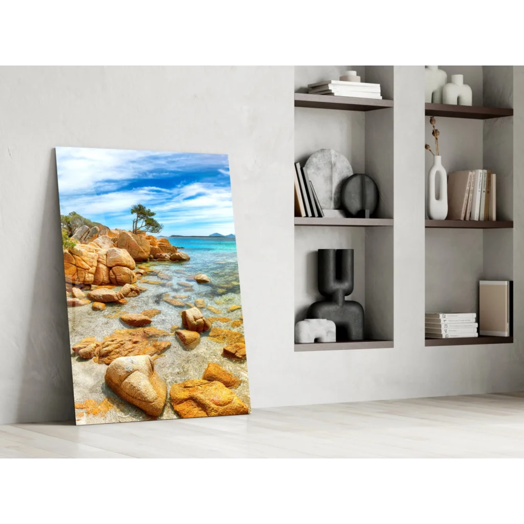 Vibrant tropical paradise glass wall art with turquoise waters and golden rocks