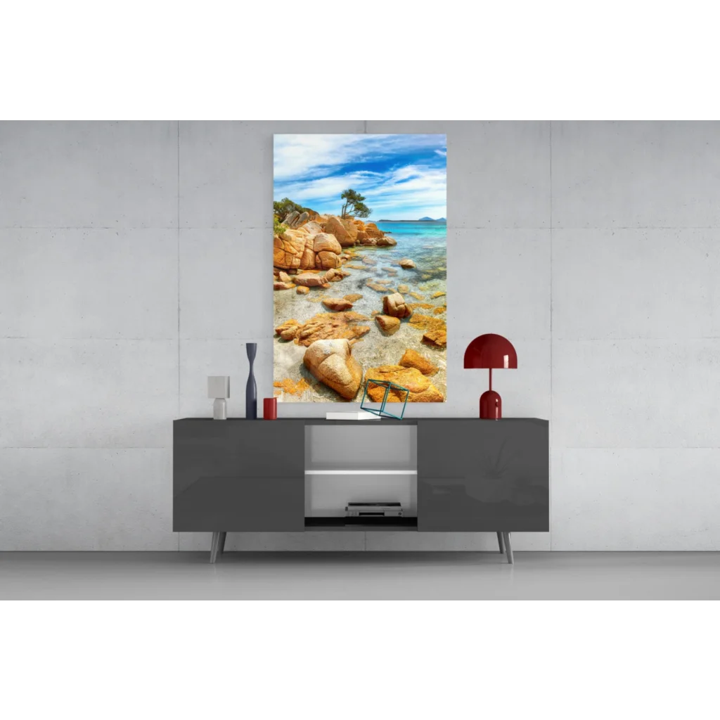 Tropical paradise glass wall art with turquoise waters and palm tree