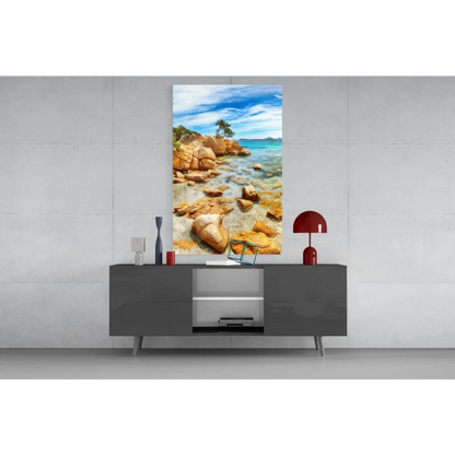 Tropical paradise glass wall art with turquoise waters and palm tree