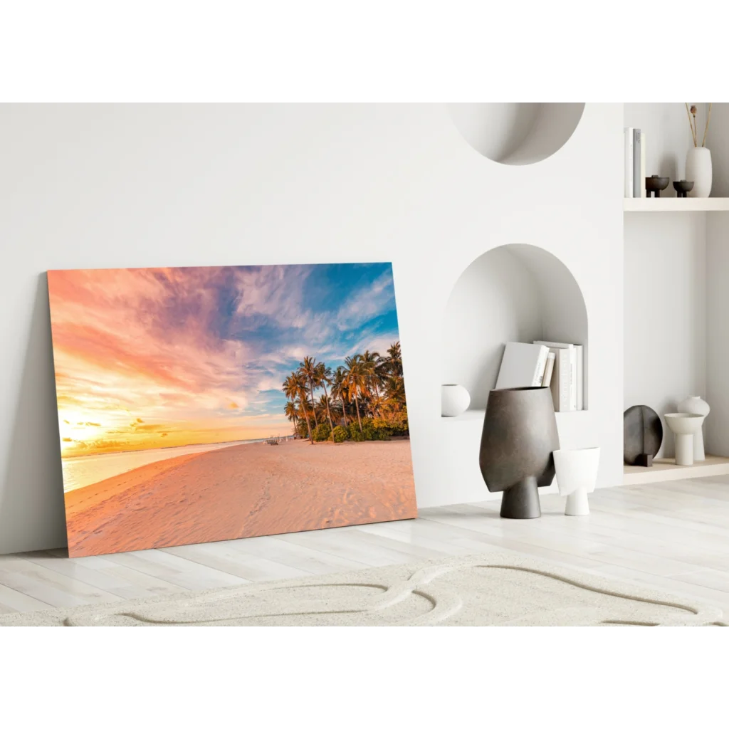 Tropical Sunset Glass Wall Art with Palm Trees and Vibrant Sky | Modern Wall Art Decor | vintageantiquesgifts.com