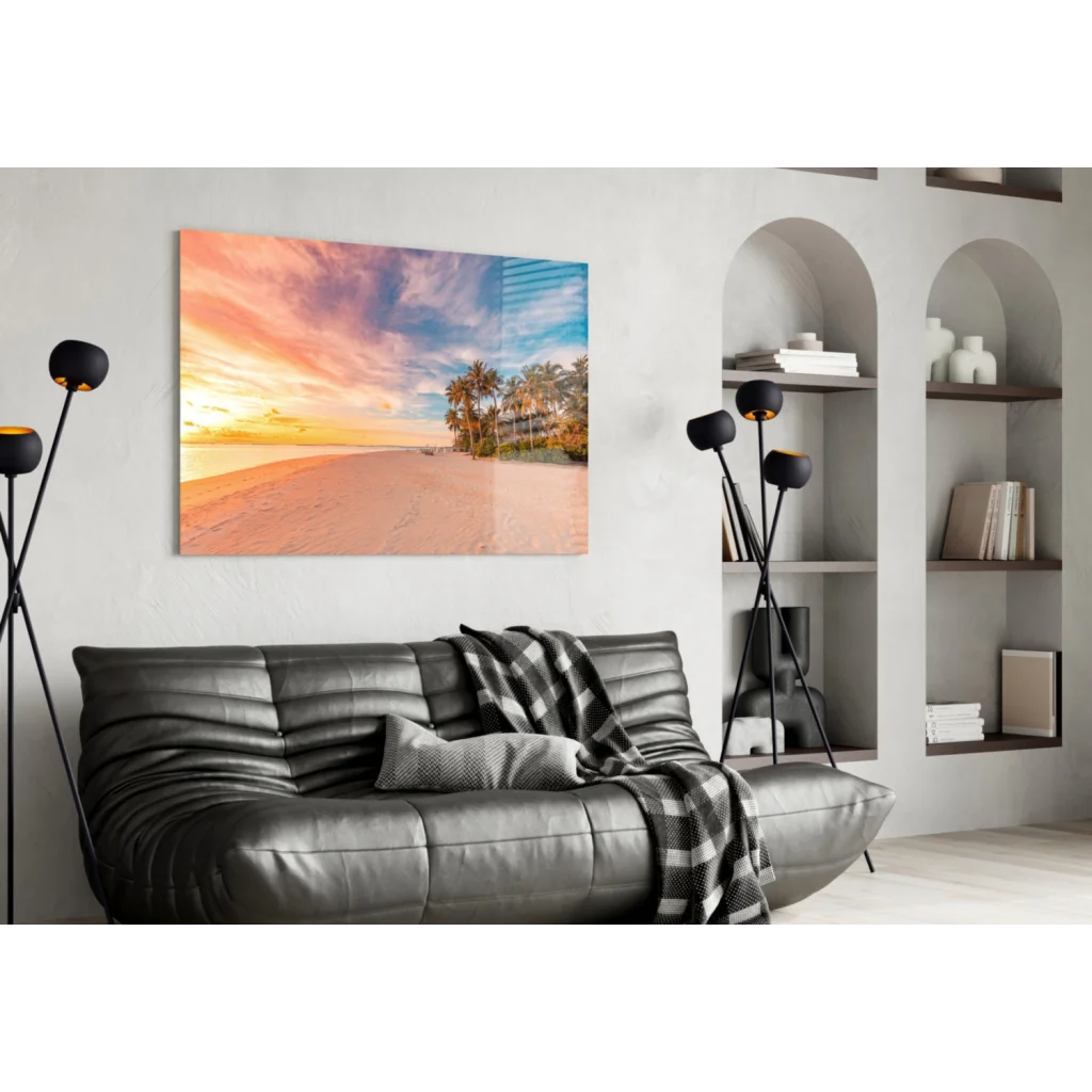 Tropical Sunset Glass Wall Art with Palm Trees and Vibrant Sky | Contemporary Home Wall Art | vintageantiquesgifts.com