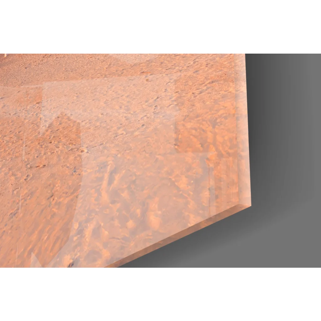 Translucent peach glass wall art mimicking Martian terrain with tropical sunset vibes