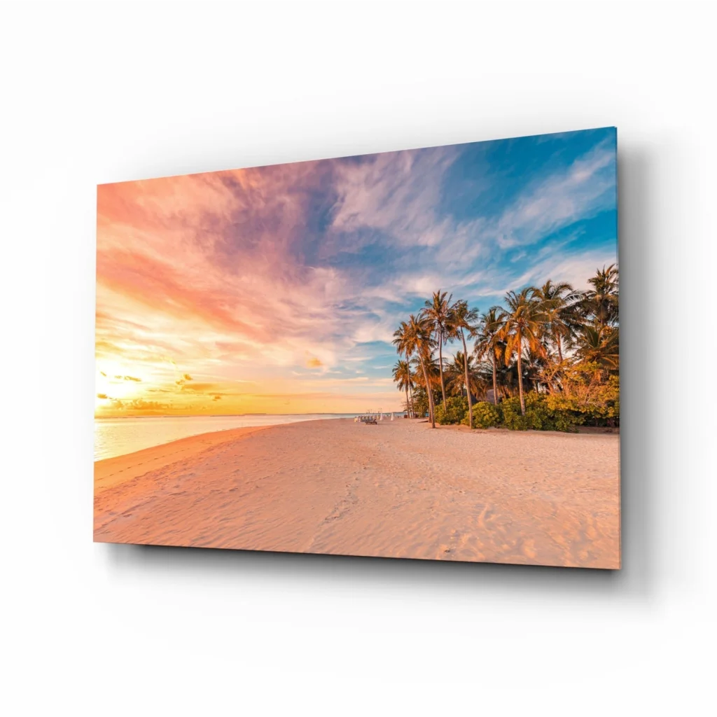 Tropical Sunset Glass Wall Art with Palm Trees and Vibrant Sky | Insigneart USA | vintageantiquesgifts.com