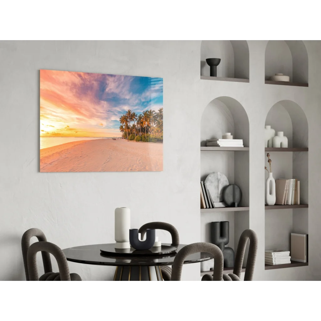 Vibrant tropical sunset glass wall art with palm trees