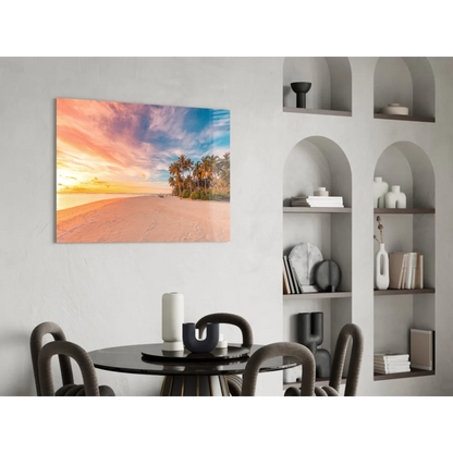 Vibrant tropical sunset glass wall art with palm trees