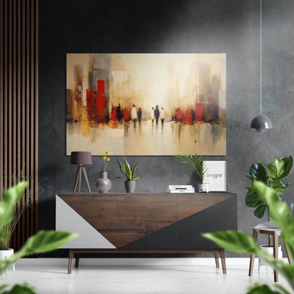 Abstract cityscape art print on brushed aluminium dibond with red beige strokes