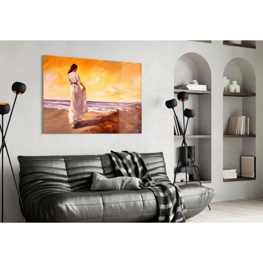 Woman in white dress on sunset beach glass wall art canvas print