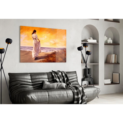 Woman in white dress on sunset beach glass wall art canvas print