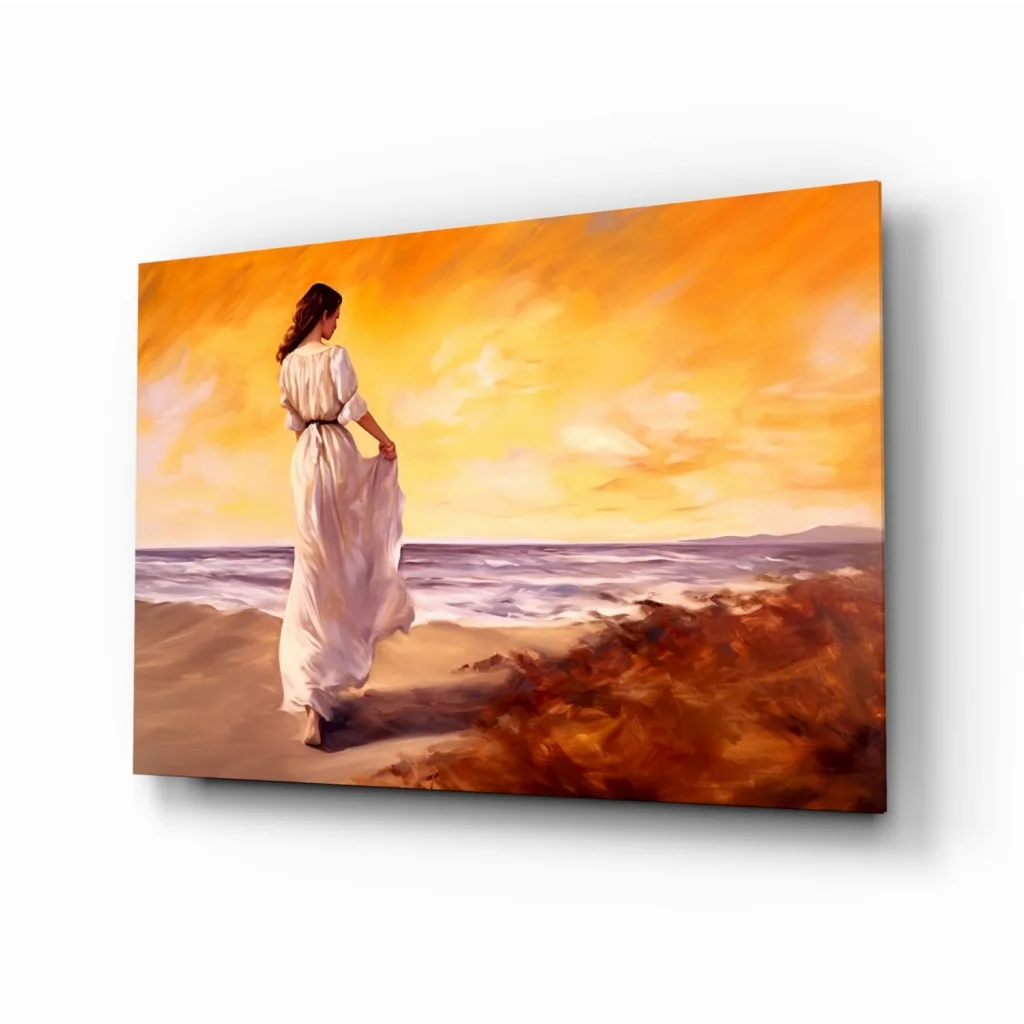 Sunset beach walk woman in white dress glass wall art canvas print