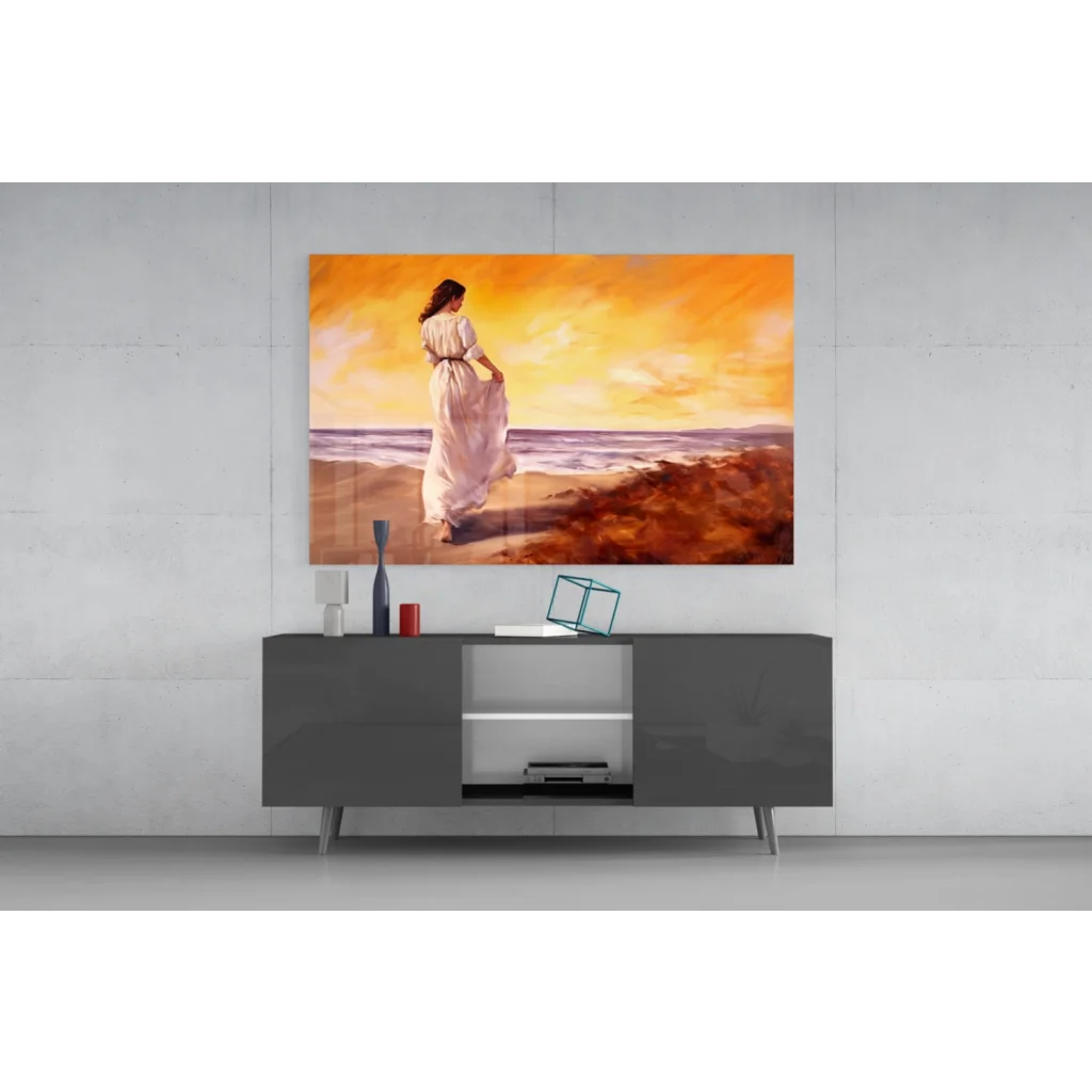 Vibrant sunset beach walk woman in white dress glass wall art canvas print
