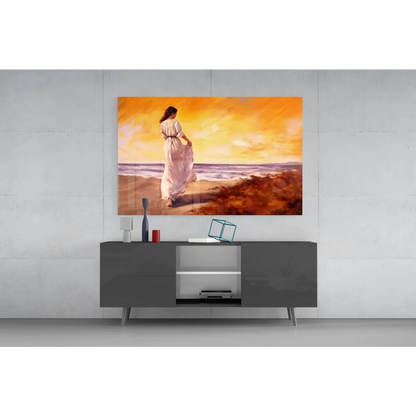 Vibrant sunset beach walk woman in white dress glass wall art canvas print