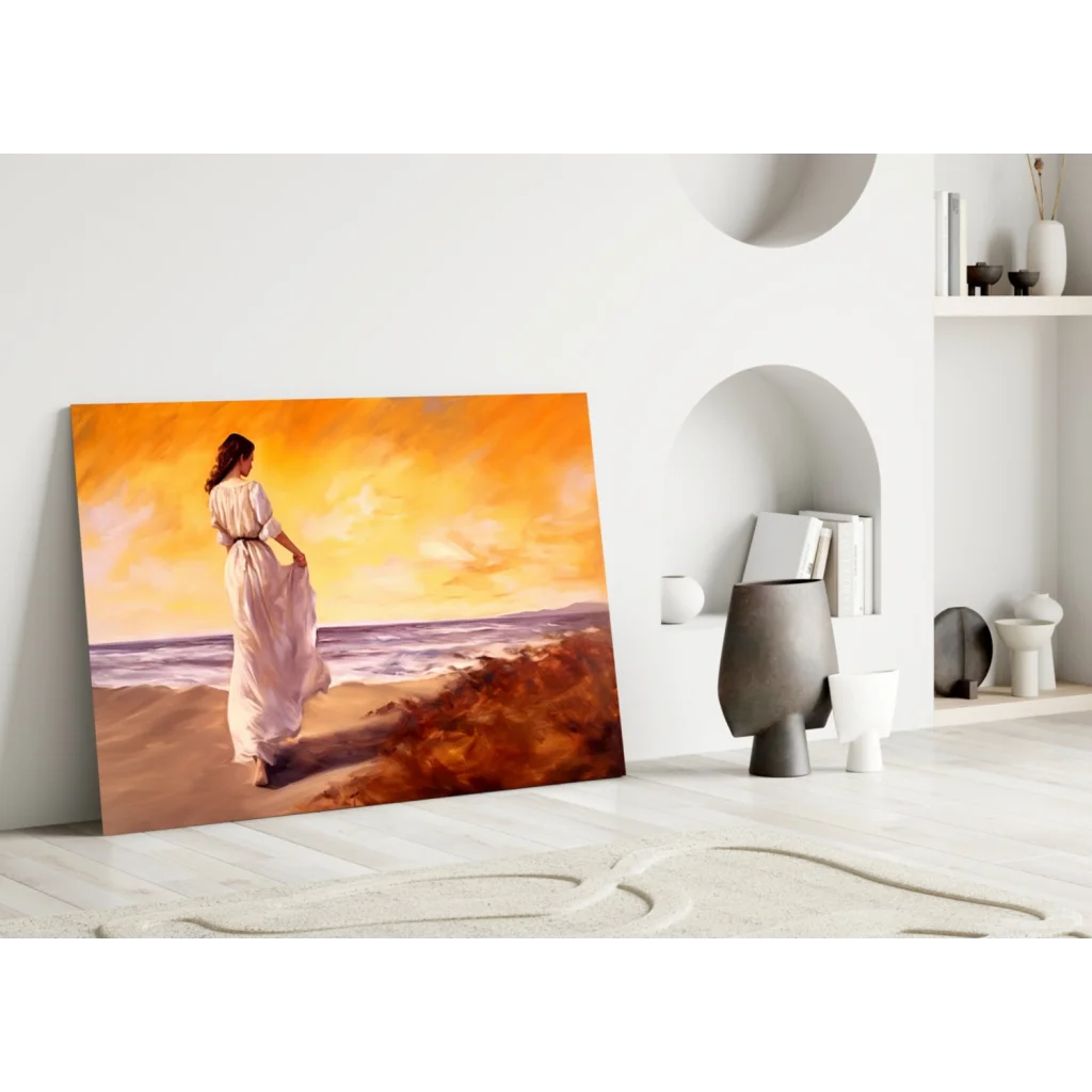 Sunset beach walk woman in white dress glass wall art canvas print