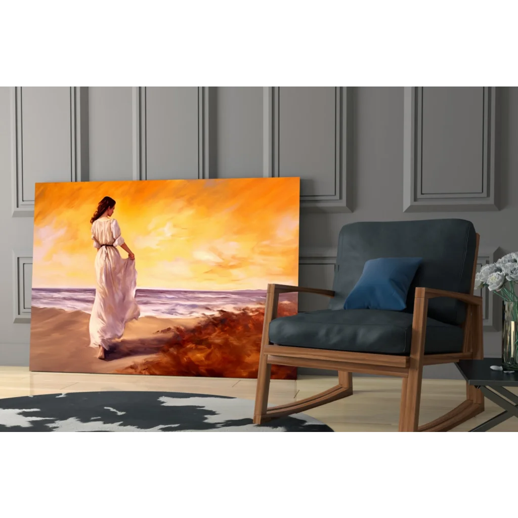 Vibrant sunset beach woman in white dress glass wall art canvas print