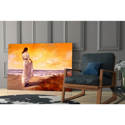 Vibrant sunset beach woman in white dress glass wall art canvas print