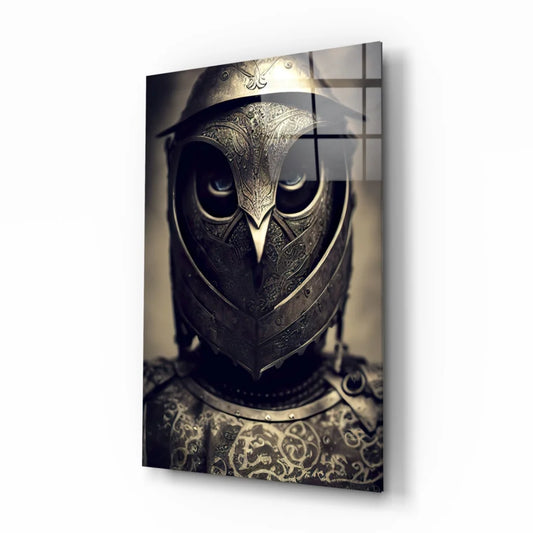Majestic Armored Owl Knight Glass Wall Art Portrait | Insigneart USA | vintageantiquesgifts.com
