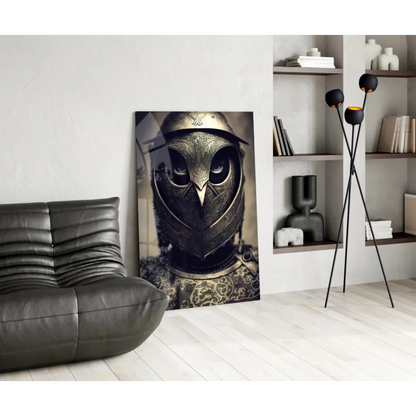 Majestic Armored Owl Knight glass wall art portrait with black and gold details