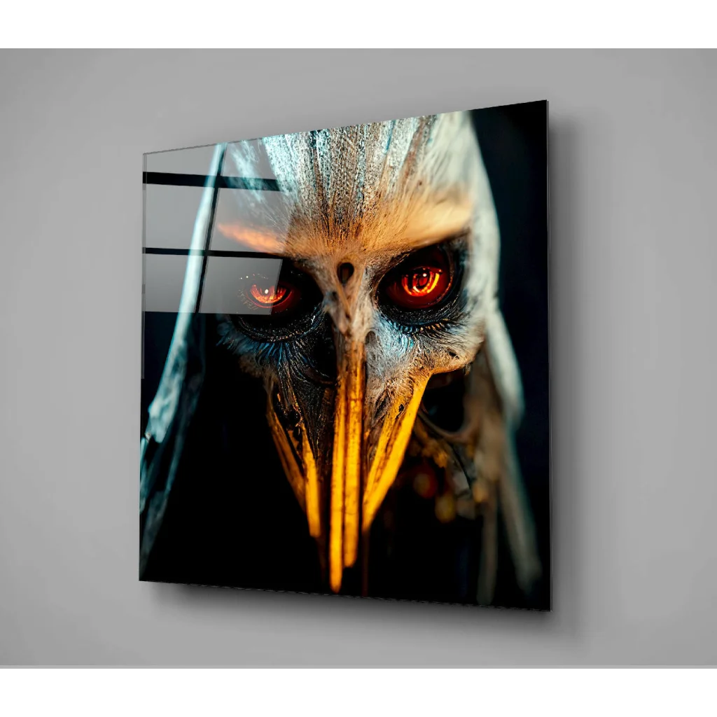 Sinister Bird Skull Glass Wall Art with Glowing Eyes | Glass Wall Art Print | vintageantiquesgifts.com