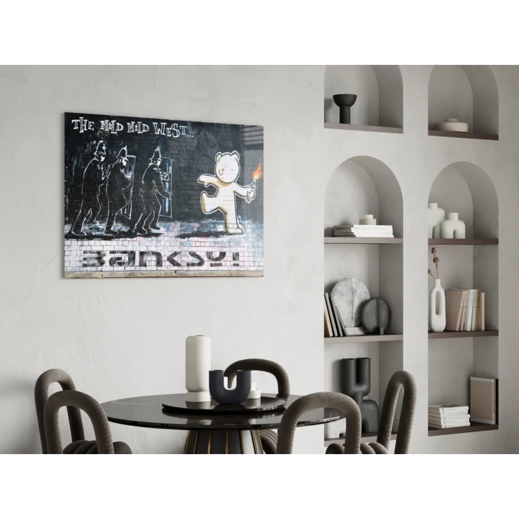 Black and white graffiti bear with torch on glass wall art print