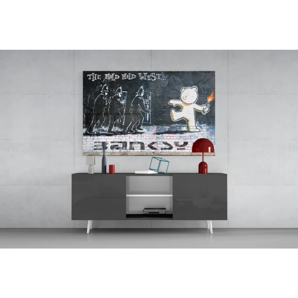 Black and white graffiti bear with torch on glass wall art print