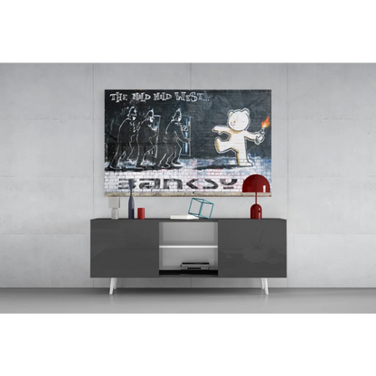 Black and white graffiti bear with torch on glass wall art print