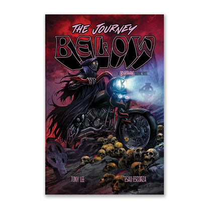 Beartooth Below Graphic Novel by Tony Lee with grim reaper on motorcycle amidst skulls