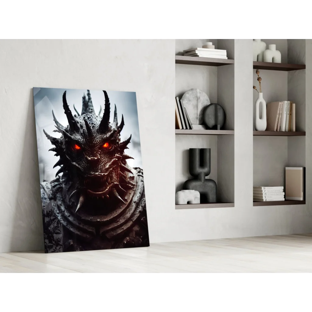 Fierce black-and-gray dragon glass wall art with glowing red eyes on white wall