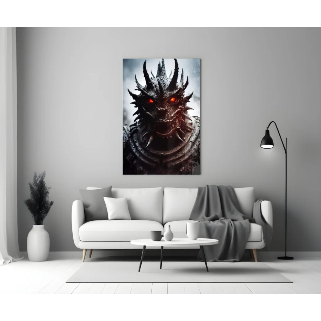 Fierce dragon glass wall art with glowing red eyes on poster