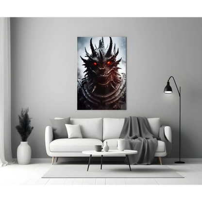Fierce dragon glass wall art with glowing red eyes on poster