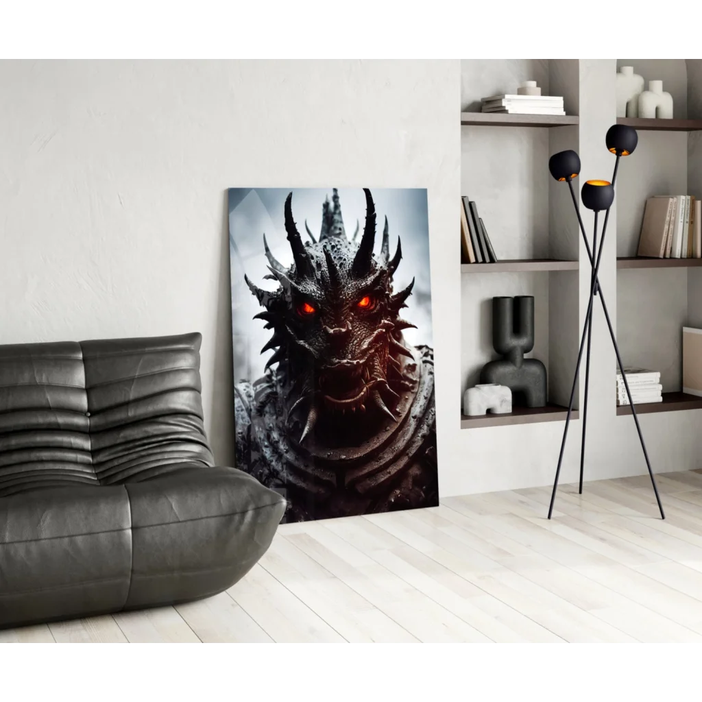 Fierce black dragon with glowing red eyes on glass wall art