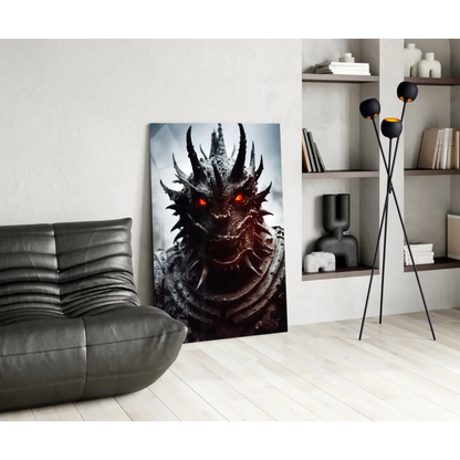 Fierce black dragon with glowing red eyes on glass wall art