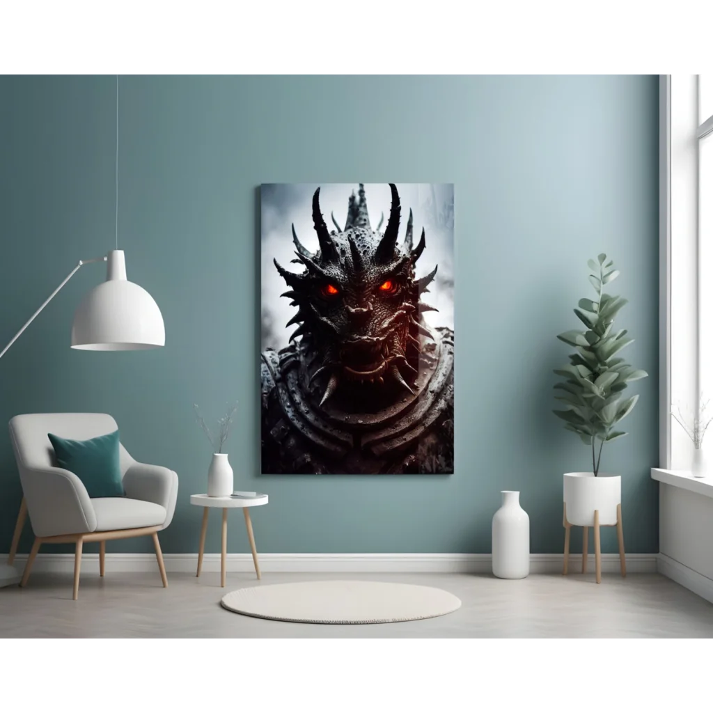 Fierce black gray dragon glass wall art with glowing red eyes on teal wall