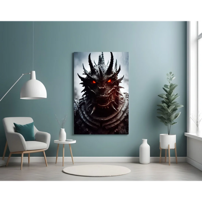 Fierce black gray dragon glass wall art with glowing red eyes on teal wall
