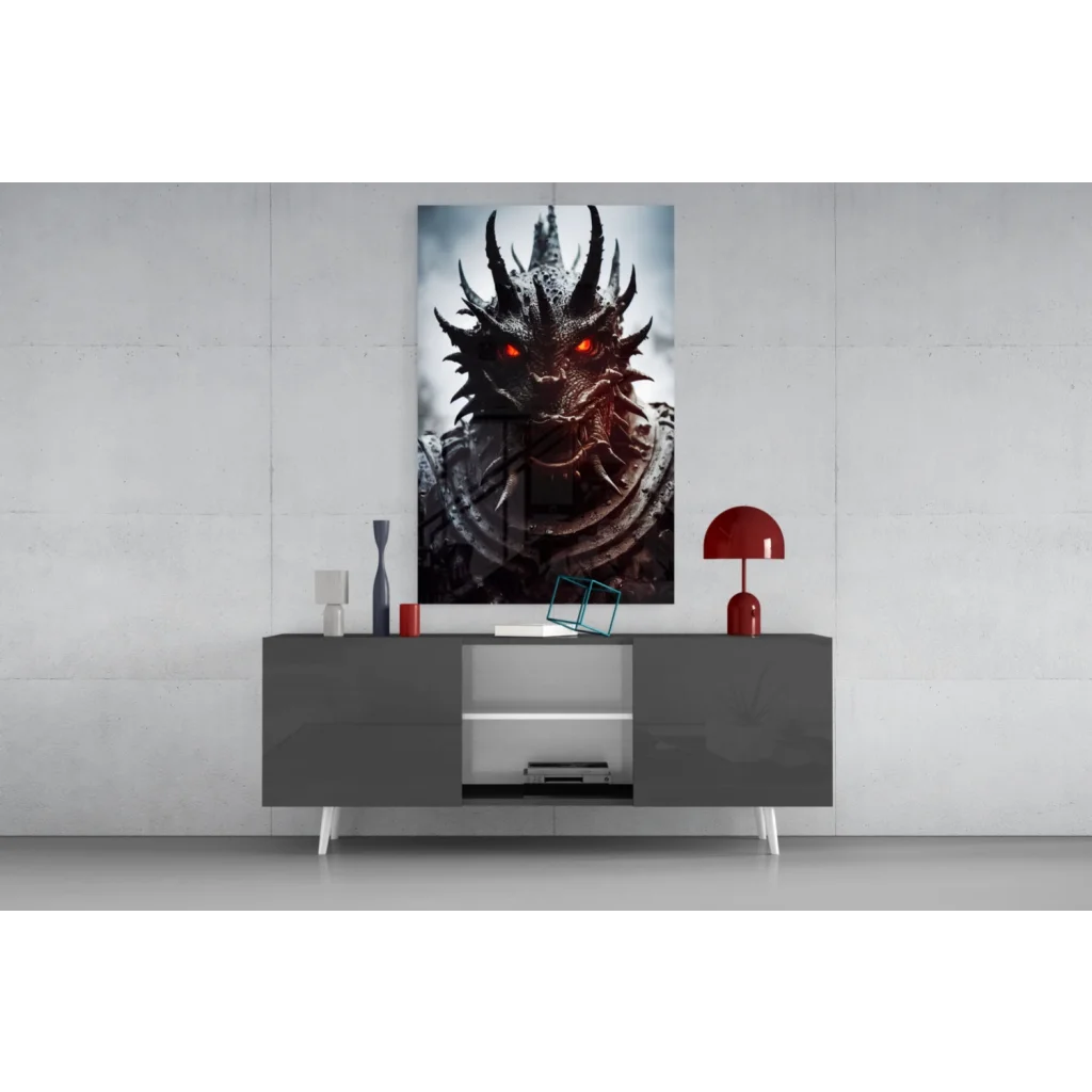 Fierce dragon glass wall art poster with glowing red eyes on minimalist wall
