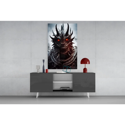 Fierce dragon glass wall art poster with glowing red eyes on minimalist wall