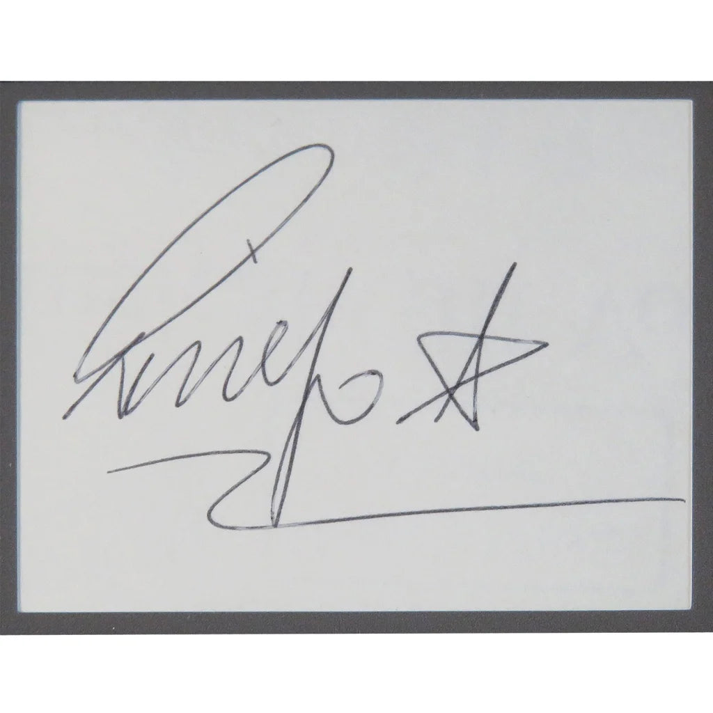 Beatles band autographed cut music display framed in dark gray