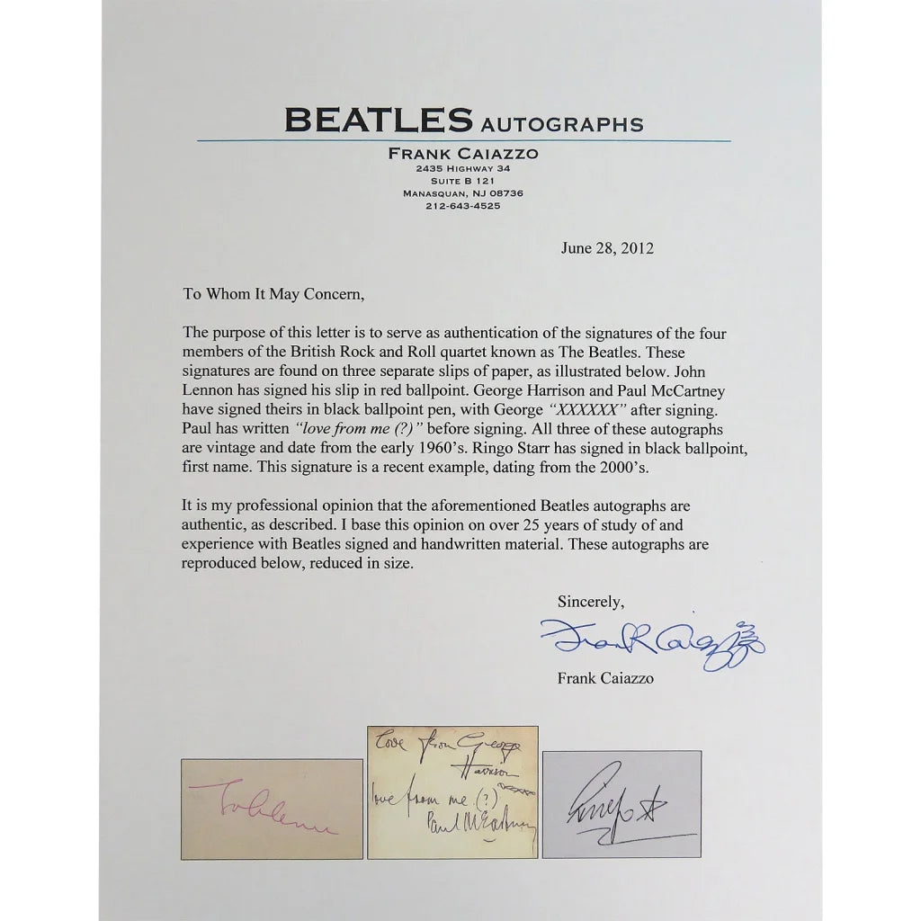 Beatles band autographed cut music display with Lennon, Harrison, McCartney, Starr signatures, authenticated by Caiazzo, JSA, BAS, framed 15 by 30