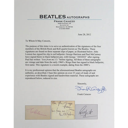 Beatles band autographed cut music display with Lennon, Harrison, McCartney, Starr signatures, authenticated by Caiazzo, JSA, BAS, framed 15 by 30