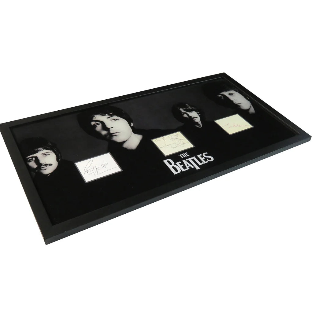 Framed Beatles band autographed cut music display with signed portraits