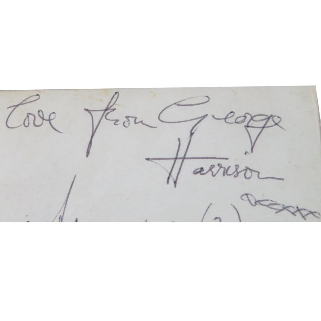 Framed Beatles band autographed cut music display with George Harrison note
