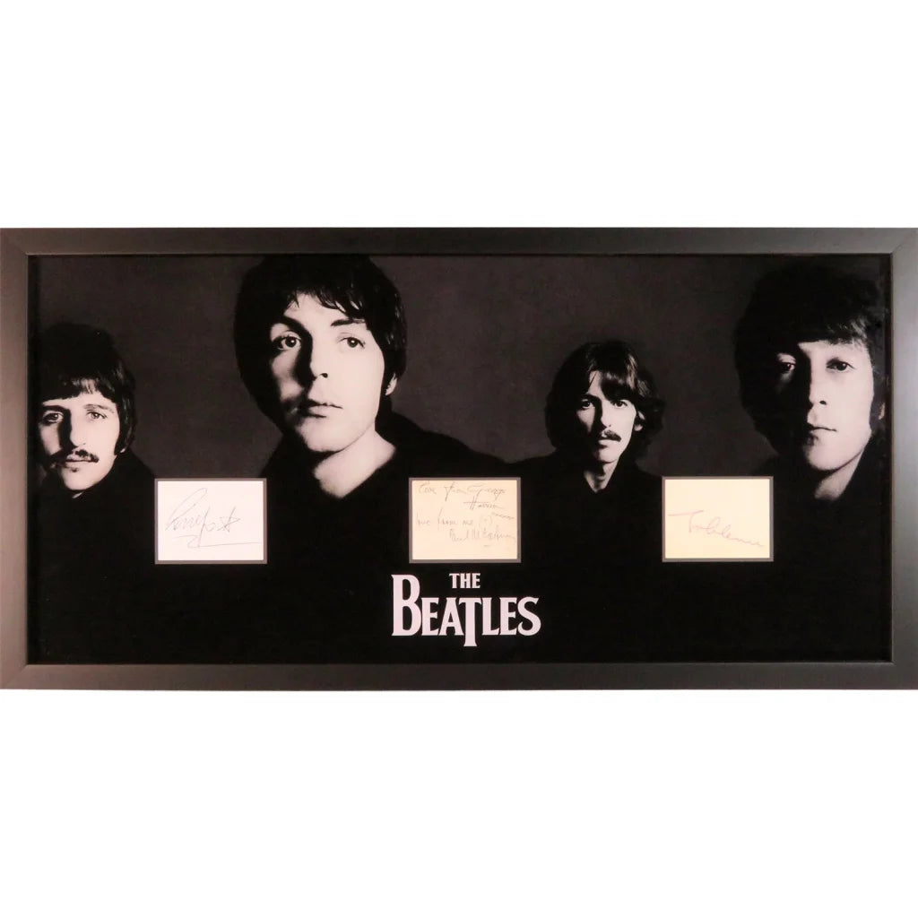 Beatles band autographed cut music display with signed portrait