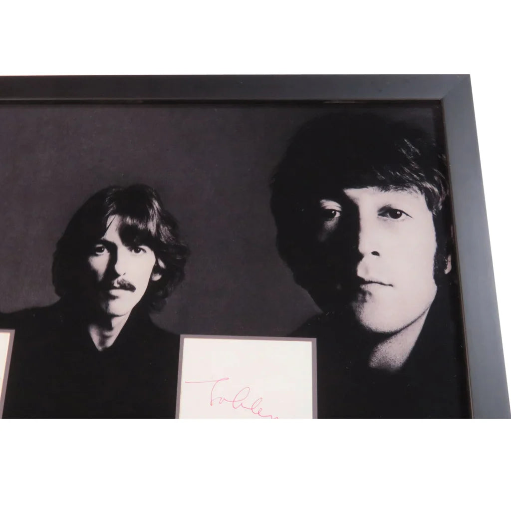 Framed Beatles band autographed cut music display with signed card