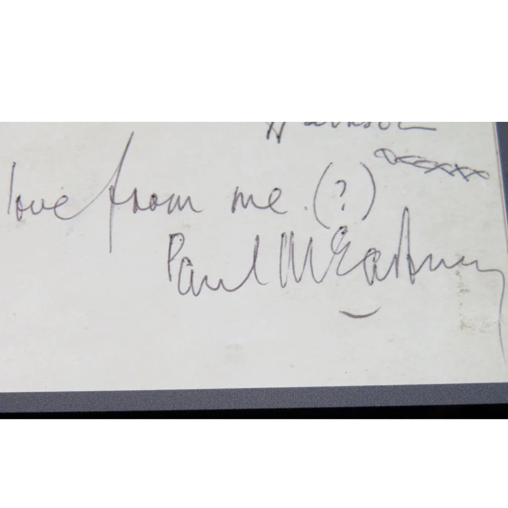 Beatles band autographed cut music display with Paul McCartney note