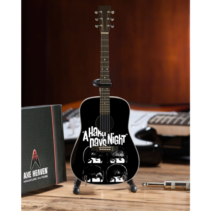 Mini black acoustic guitar with Hard Days Night design, Axe Heaven® stand