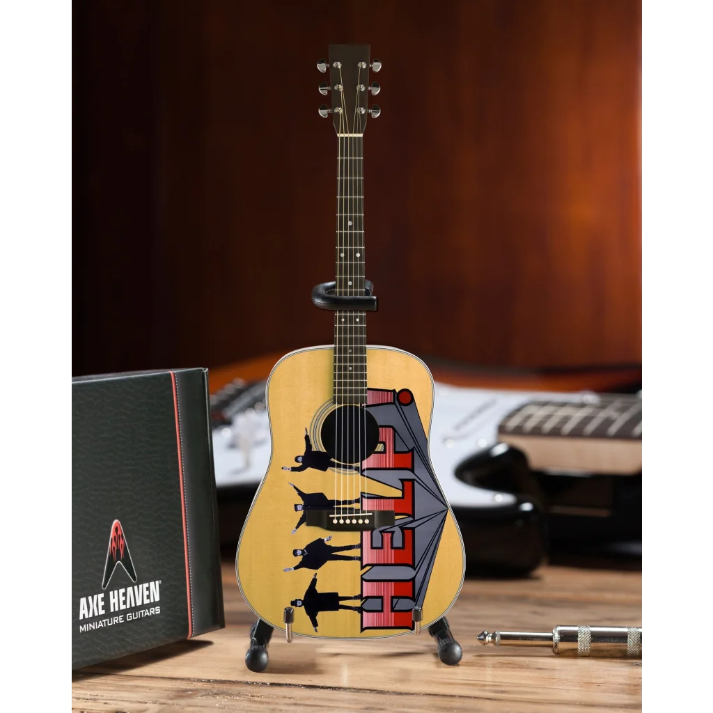 Mini Axe Heaven Beatles Help tribute guitar with adjustable A-frame stand
