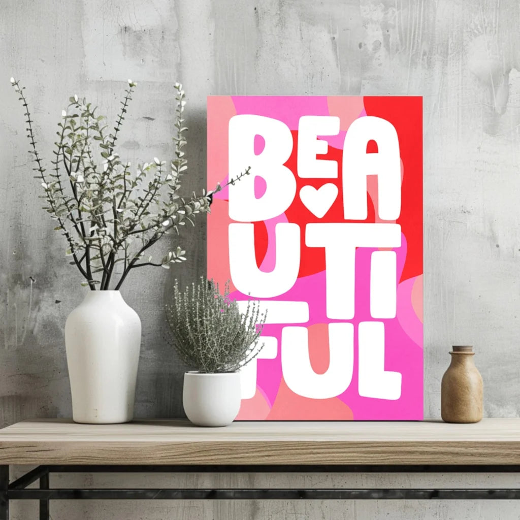 Vibrant pink red abstract Beautiful Heart Canvas Print with white beautiful heart lettering