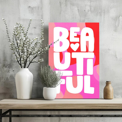 Vibrant pink red abstract Beautiful Heart Canvas Print with white beautiful heart lettering