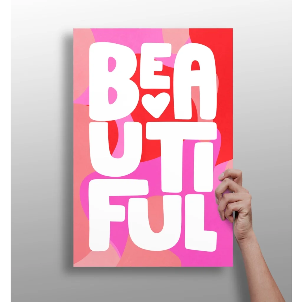Vibrant pink red abstract Beautiful Heart canvas print with bold white lettering