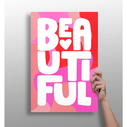 Vibrant pink red abstract Beautiful Heart canvas print with bold white lettering